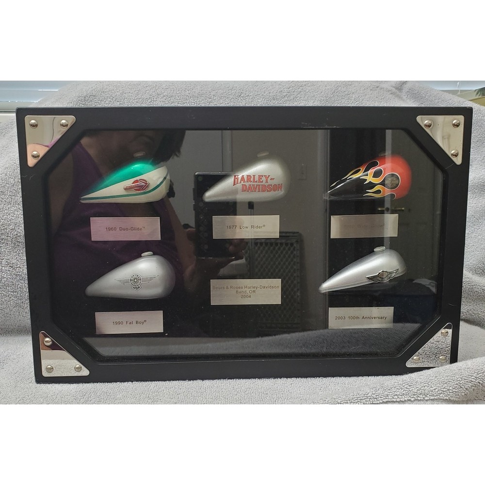 Harley Davidson Commemorative Gas Tank Models in Display Case 1960-2003